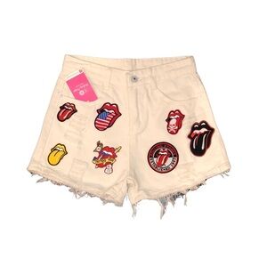 White Denim Shorts With Assorted Rolling Stones Patches